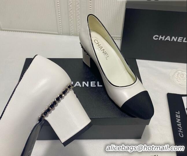 Shop Cheap Chanel Laminated Lambskin Chain Pumps 6cm G37164 White 2021