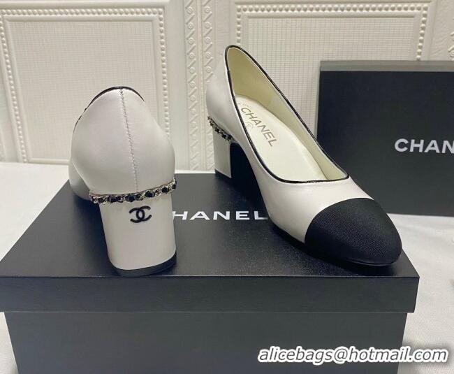 Shop Cheap Chanel Laminated Lambskin Chain Pumps 6cm G37164 White 2021