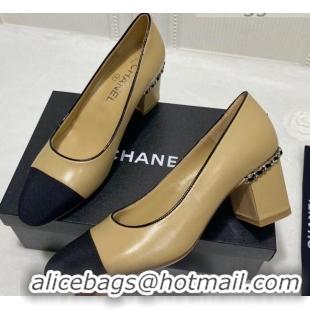 Pretty Style Chanel Laminated Lambskin Chain Pumps 6cm G37164 Beige 2021