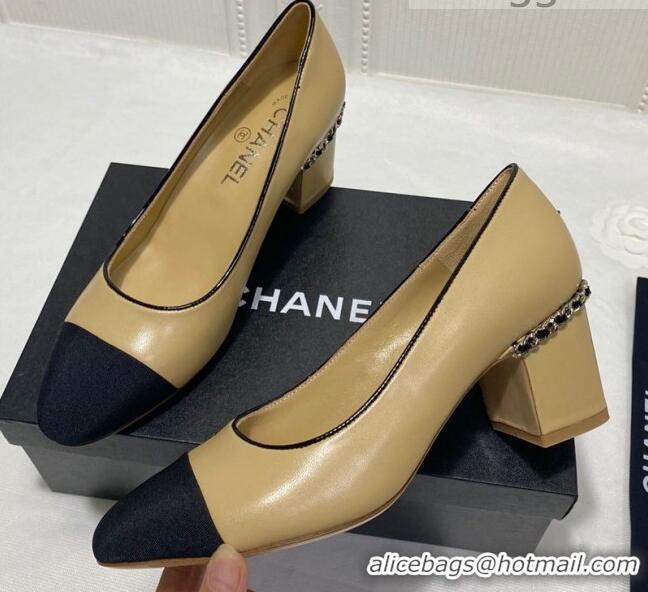 Pretty Style Chanel Laminated Lambskin Chain Pumps 6cm G37164 Beige 2021