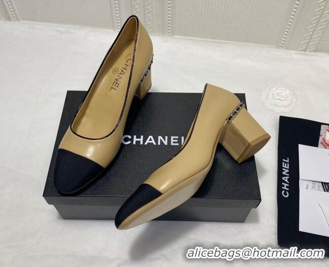 Pretty Style Chanel Laminated Lambskin Chain Pumps 6cm G37164 Beige 2021