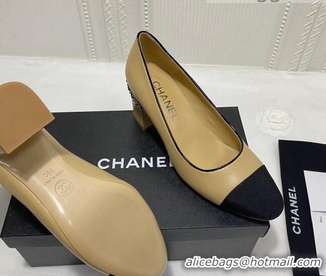 Pretty Style Chanel Laminated Lambskin Chain Pumps 6cm G37164 Beige 2021