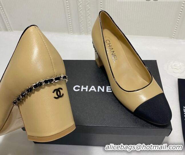 Pretty Style Chanel Laminated Lambskin Chain Pumps 6cm G37164 Beige 2021