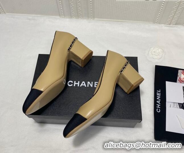 Pretty Style Chanel Laminated Lambskin Chain Pumps 6cm G37164 Beige 2021