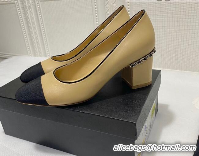 Pretty Style Chanel Laminated Lambskin Chain Pumps 6cm G37164 Beige 2021