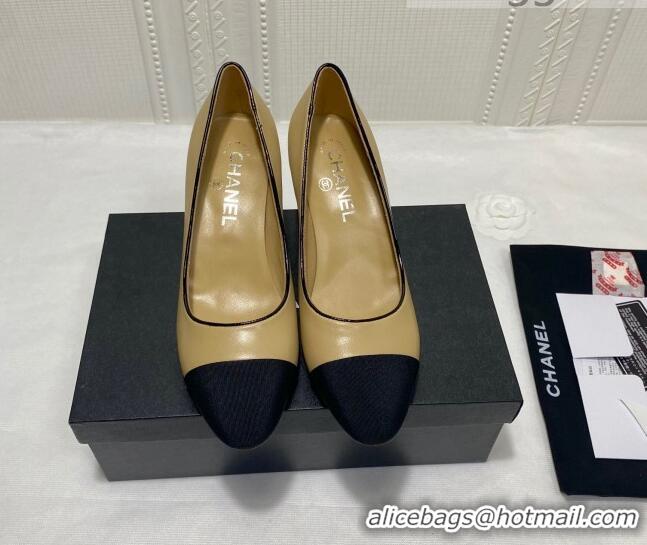 Pretty Style Chanel Laminated Lambskin Chain Pumps 6cm G37164 Beige 2021