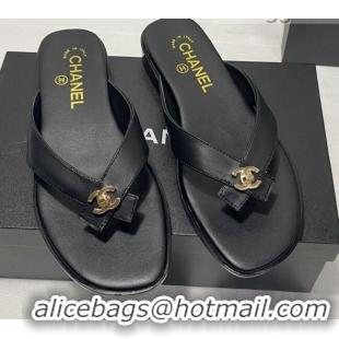 Best Grade Chanel Lambskin Flat Thong Slide Sandal 70923 Black 2021