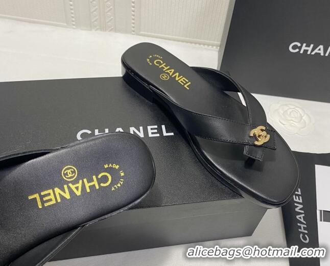 Best Grade Chanel Lambskin Flat Thong Slide Sandal 70923 Black 2021