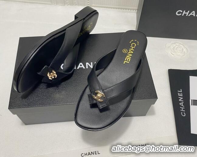 Best Grade Chanel Lambskin Flat Thong Slide Sandal 70923 Black 2021