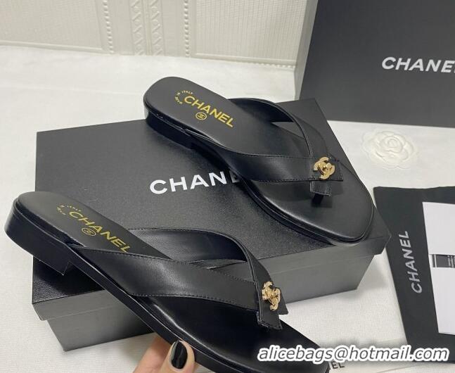 Best Grade Chanel Lambskin Flat Thong Slide Sandal 70923 Black 2021