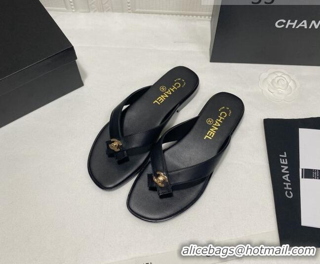 Best Grade Chanel Lambskin Flat Thong Slide Sandal 70923 Black 2021