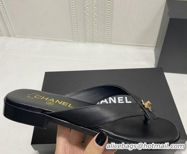 Best Grade Chanel Lambskin Flat Thong Slide Sandal 70923 Black 2021