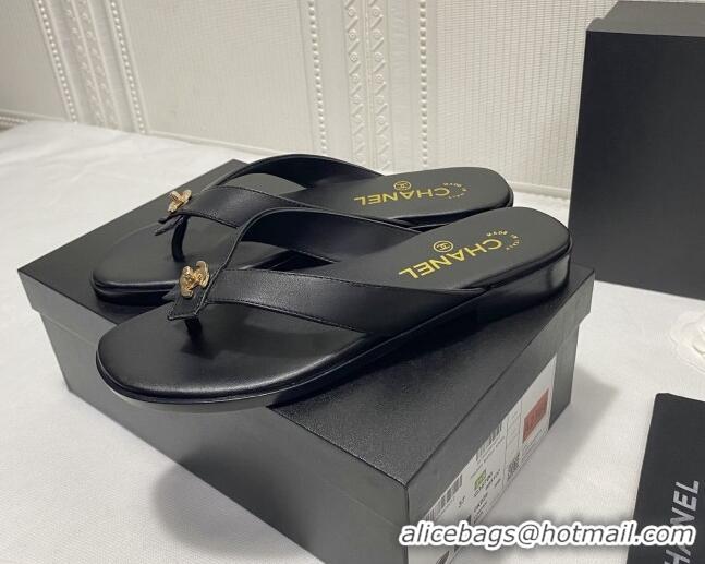 Best Grade Chanel Lambskin Flat Thong Slide Sandal 70923 Black 2021