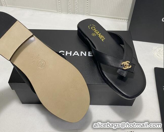 Best Grade Chanel Lambskin Flat Thong Slide Sandal 70923 Black 2021