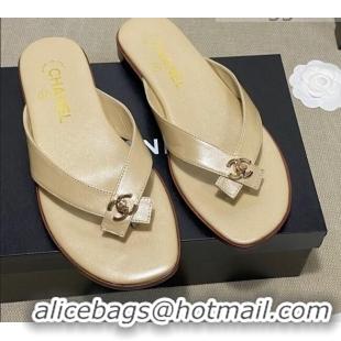 Most Popular Chanel Lambskin Flat Thong Slide Sandal 70923 Beige