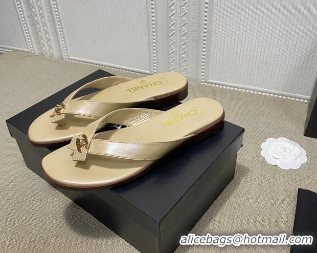 Most Popular Chanel Lambskin Flat Thong Slide Sandal 70923 Beige