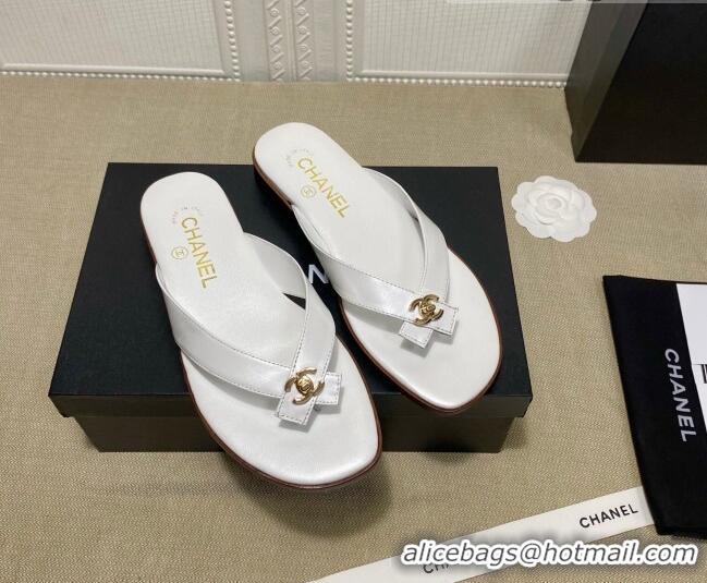 Top Design Chanel Lambskin Flat Thong Slide Sandal 70923 White