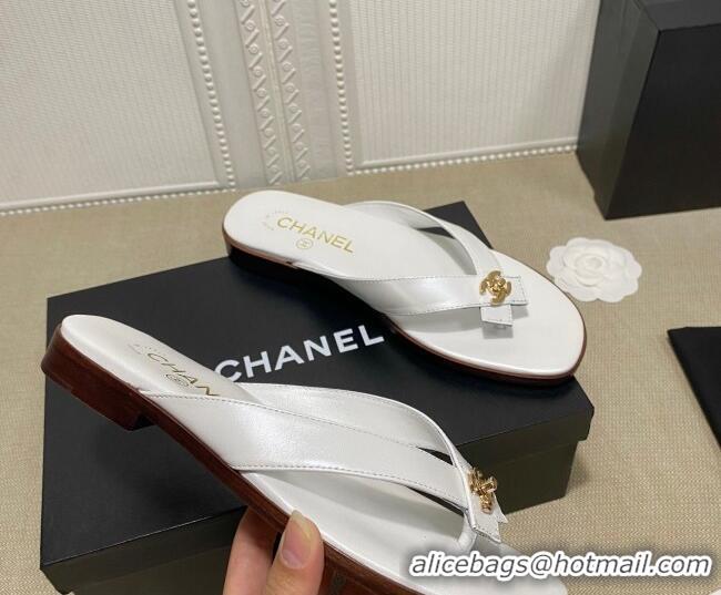 Top Design Chanel Lambskin Flat Thong Slide Sandal 70923 White