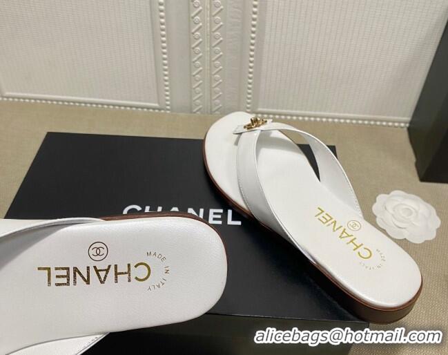 Top Design Chanel Lambskin Flat Thong Slide Sandal 70923 White