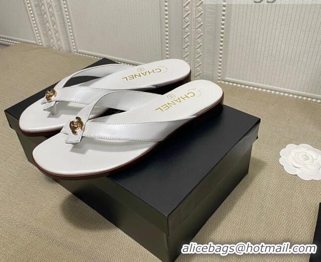 Top Design Chanel Lambskin Flat Thong Slide Sandal 70923 White