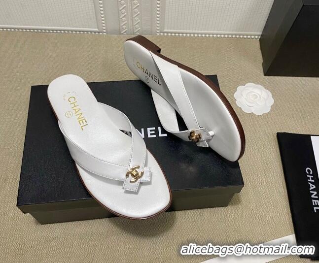 Top Design Chanel Lambskin Flat Thong Slide Sandal 70923 White