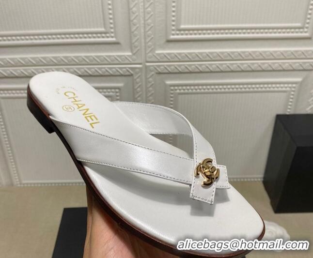 Top Design Chanel Lambskin Flat Thong Slide Sandal 70923 White