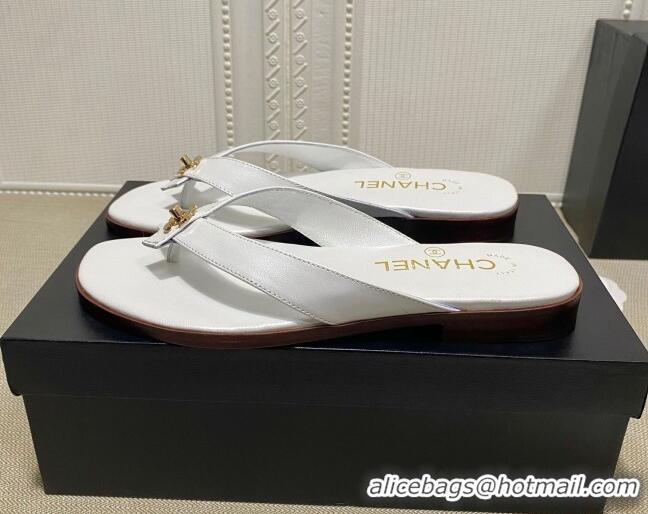 Top Design Chanel Lambskin Flat Thong Slide Sandal 70923 White