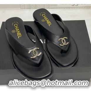 Perfect Chanel Lambskin Flat Thong Slide Sandal 070926 Black