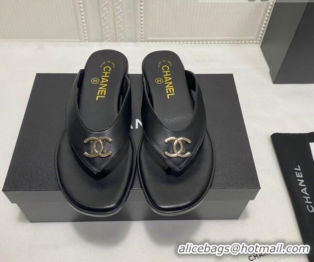 Perfect Chanel Lambskin Flat Thong Slide Sandal 070926 Black