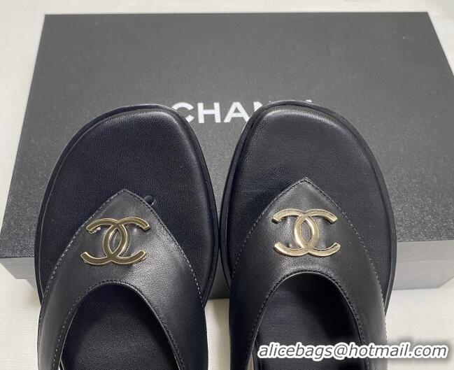 Perfect Chanel Lambskin Flat Thong Slide Sandal 070926 Black