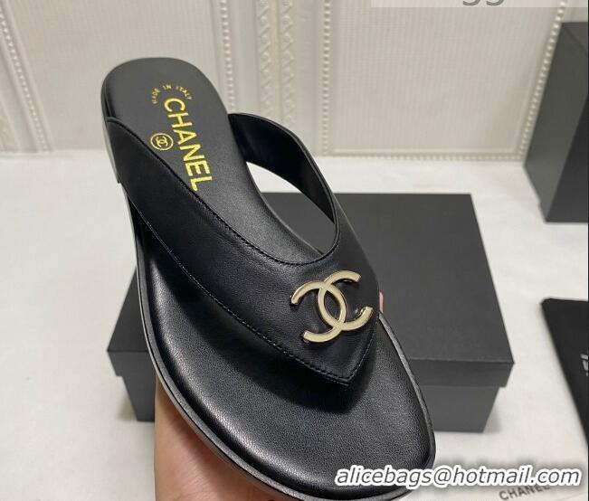 Perfect Chanel Lambskin Flat Thong Slide Sandal 070926 Black