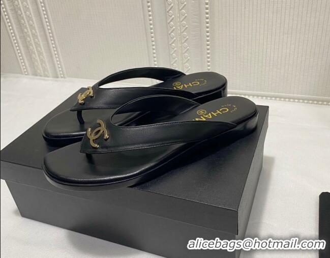 Perfect Chanel Lambskin Flat Thong Slide Sandal 070926 Black