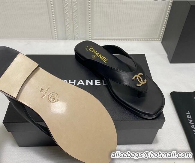 Perfect Chanel Lambskin Flat Thong Slide Sandal 070926 Black