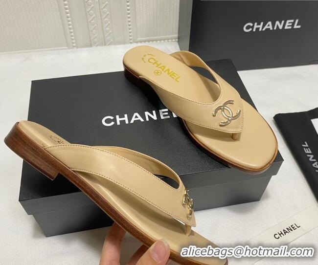 Most Popular Chanel Lambskin Flat Thong Slide Sandal 070926 Beige