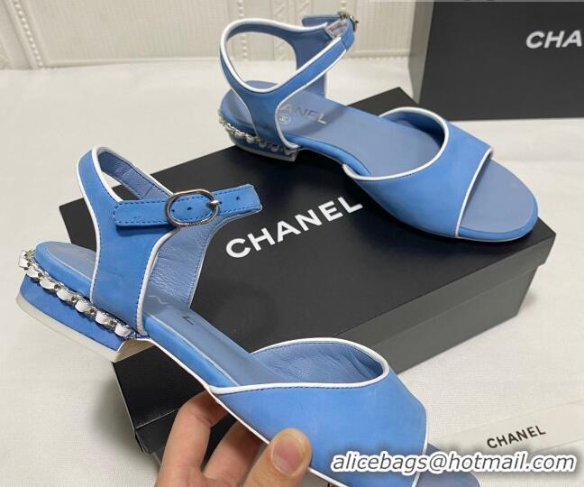 Top Quality Chanel Matte Velvet Calfskin Chain Sandals 2cm G37172 Blue 2021