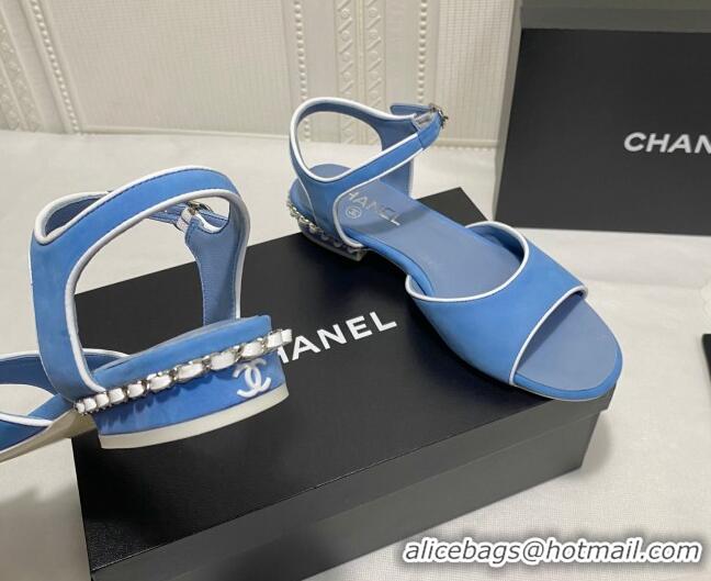 Top Quality Chanel Matte Velvet Calfskin Chain Sandals 2cm G37172 Blue 2021