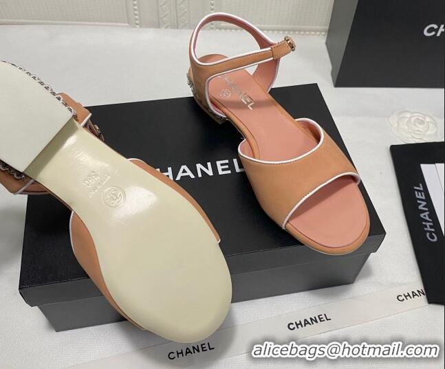 Super Quality Chanel Matte Velvet Calfskin Chain Sandals 2cm G37172 Camel Brown