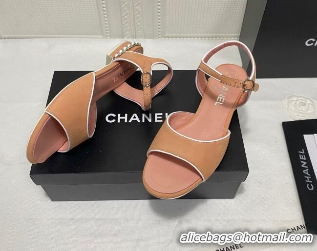 Super Quality Chanel Matte Velvet Calfskin Chain Sandals 2cm G37172 Camel Brown