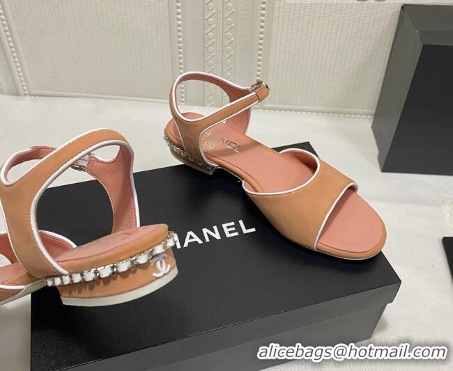 Super Quality Chanel Matte Velvet Calfskin Chain Sandals 2cm G37172 Camel Brown