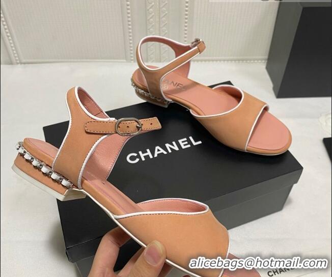 Super Quality Chanel Matte Velvet Calfskin Chain Sandals 2cm G37172 Camel Brown