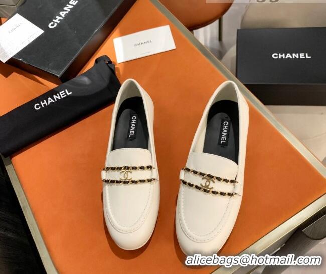 Custom Chanel Calfskin CC Chain Loafers 071210 White 2021