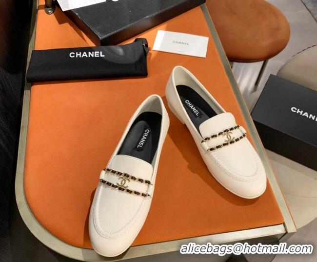 Custom Chanel Calfskin CC Chain Loafers 071210 White 2021