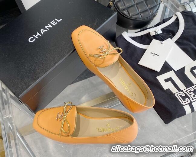 Best Luxury Chanel Leather Bow CC Pendant Loafers 071213 Orange 2021