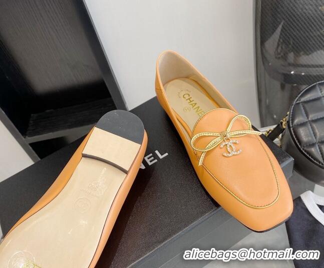 Best Luxury Chanel Leather Bow CC Pendant Loafers 071213 Orange 2021