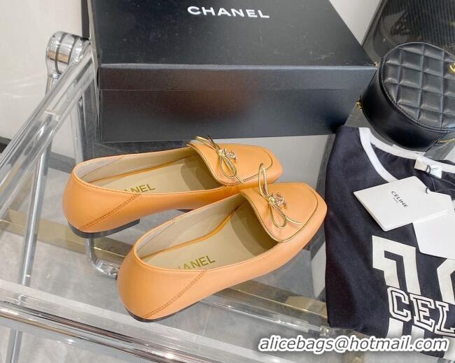 Best Luxury Chanel Leather Bow CC Pendant Loafers 071213 Orange 2021