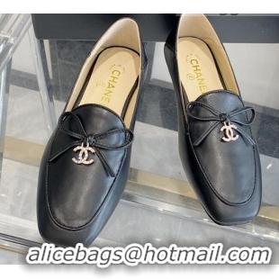 Charming Chanel Leather Bow CC Pendant Loafers 071213 Black 2021