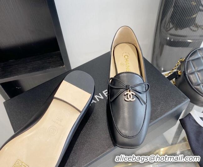 Charming Chanel Leather Bow CC Pendant Loafers 071213 Black 2021