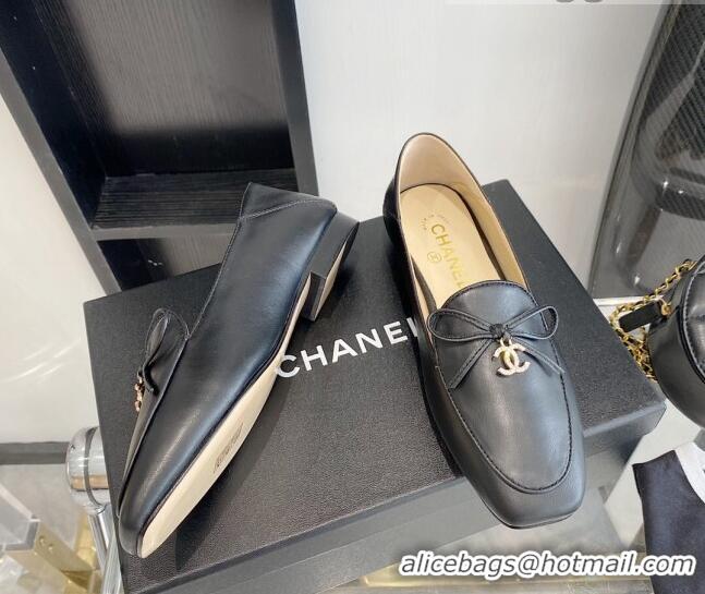 Charming Chanel Leather Bow CC Pendant Loafers 071213 Black 2021