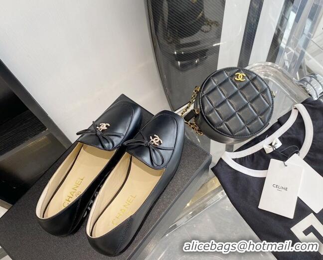 Charming Chanel Leather Bow CC Pendant Loafers 071213 Black 2021