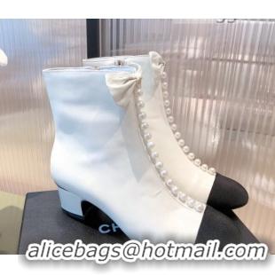 Low Price Chanel Shiny Calfskin Short Ankle Boots with Pearl and Bow G37206 White 2021